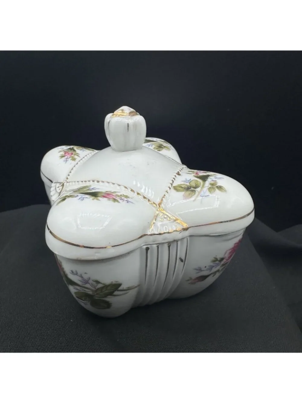Vintage Japan Porcelain Trinket Box Pink Roses Gold Trim Footed Lidded Floral